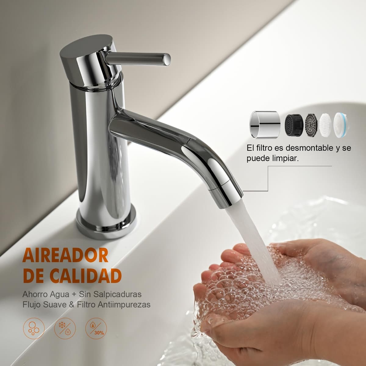 Ibergrif M11003 Grifo de Lavabo Monomando Mezclador de Baño en Acero Inoxidable con Aireador de Ahorro de Agua, Conexión G 3/8", Acabado Cromado — view 6