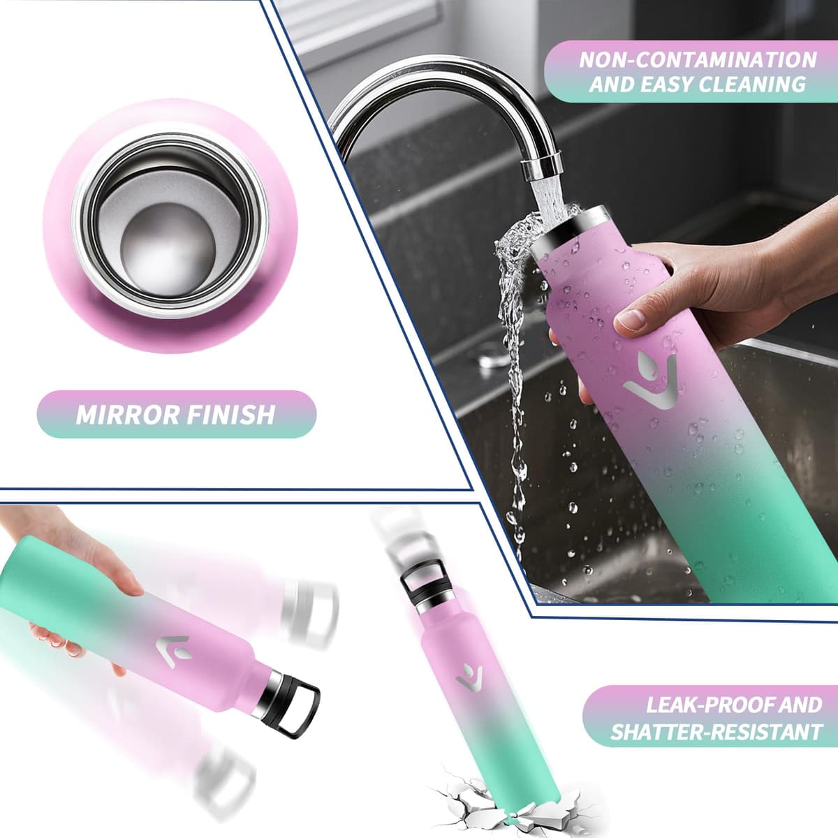 Motswedi Botella agua Termica, 1000ml Doble Aislamiento, Botella Termica 1 litro, Mantener 12H Caliente/24 Frío, Cantimplora, a Prueba de Fugas, Thermoflask, para Viaje, Exterior, Rosa & Verde — view 4