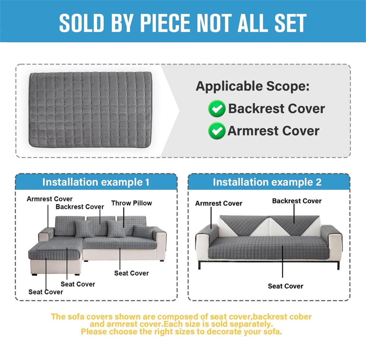 LINGKY Soft Flannel Sofa Covers Washable - Sofa Cushion Covers, Non-Slip Sofa Cover 1 2 3 Seater Couch Covers for Sectional Sofa, Sofa Slipcovers L Shape Furniture Protector (Grey, 70x70cm) — view 5