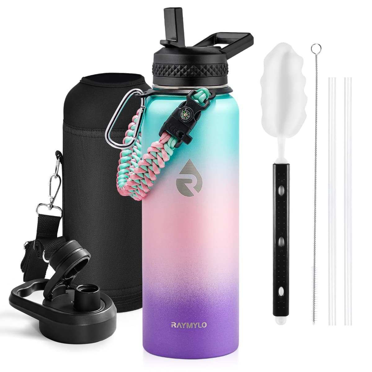 RAYMYLO One Gallon Water Bottle Insulated, Triple Walled Vacuum Stainless Steel (Cold for 48 Hrs), Leak Proof & Non-BPA, Large Water Flask Jug with Paracord Handle & Straw Spout Lids — view 100
