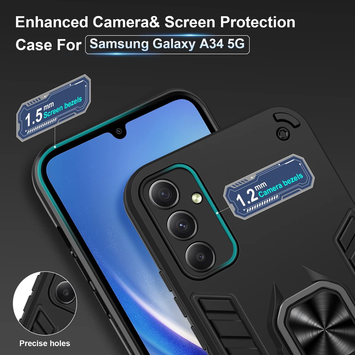 Funda para CMF Phone 2 Pro, Carcasa Antigolpes con Soporte anular metálico, Case Protectora de Grado Militar, Negro — view 681