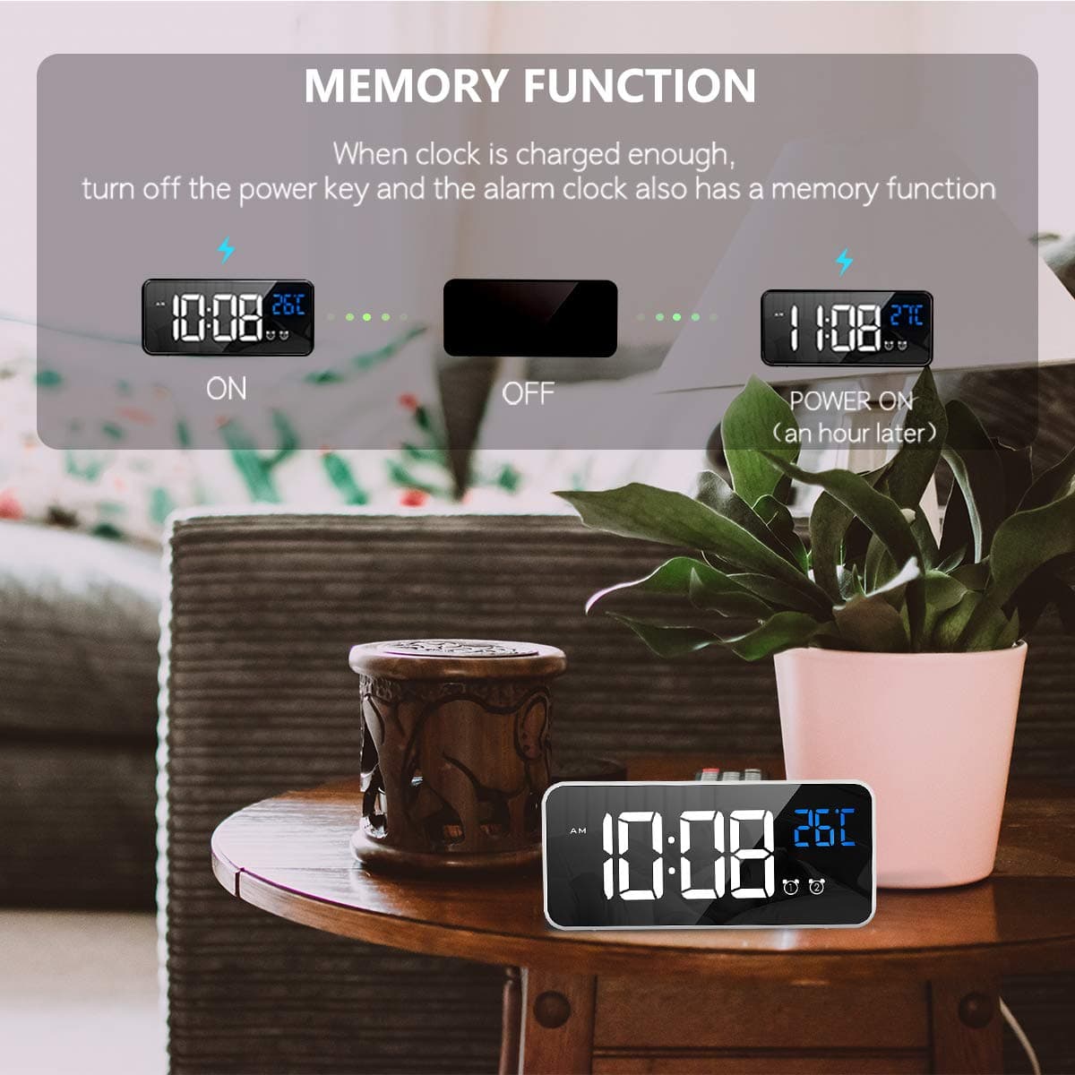 LATEC Reloj Despertador, LED Pantalla Reloj Despertador Digital con Espejo, Doble Alarma, Temperatura, Puerto de Carga USB, 10 Música, 4 Brillo Ajustable, 12/24H(Blanco) — view 5
