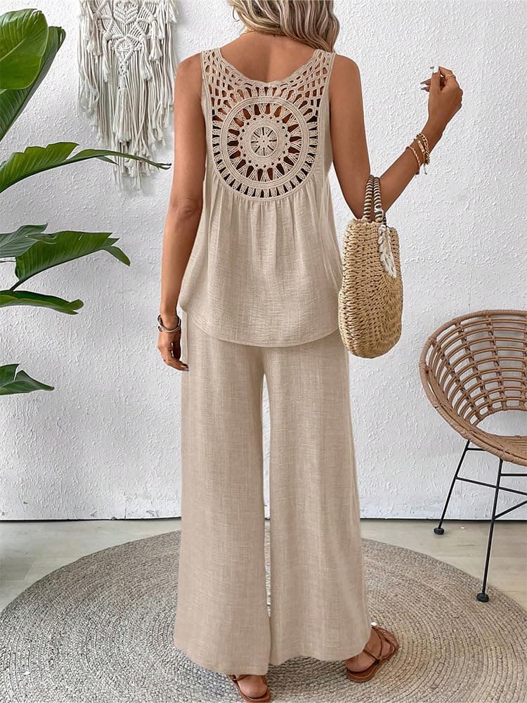 Conjunto de 2 piezas para mujer, camiseta sin mangas y pantalones de pierna ancha, pantalones palazzo de cintura alta — view 2