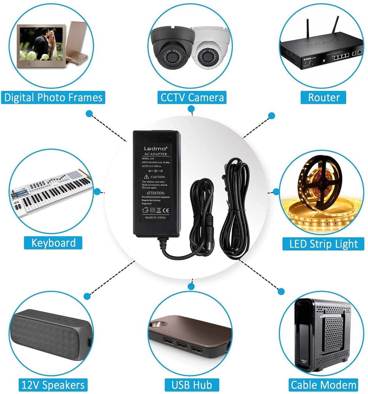 LEDMO Transformador 12V 5A/6A Adaptador de Corriente 60W/70W Fuente de Alimentación Transformador Voltaje de Entrada CA 100-240V a CC 12V — view 5
