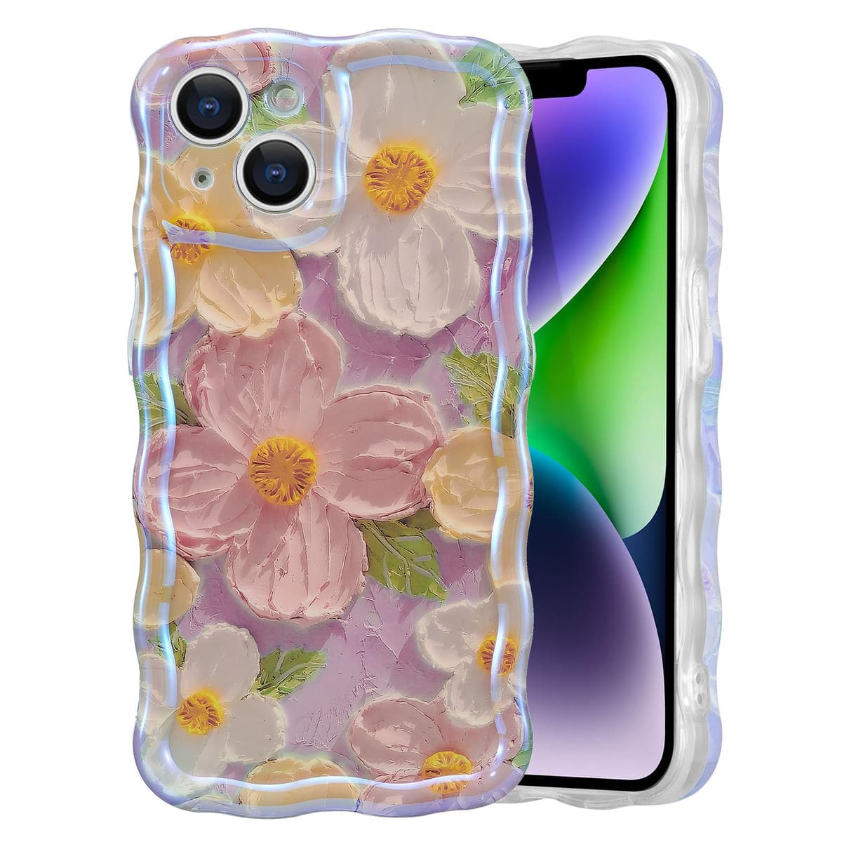 EYZUTAK Case for iPhone 16, Colorful Retro Oil Painting Printed Flower Laser Glossy Pattern Cute Curly Wave Edge Exquisite Phone Cover Stylish Durable TPU Protective Case for Girl Women-Green — view 30