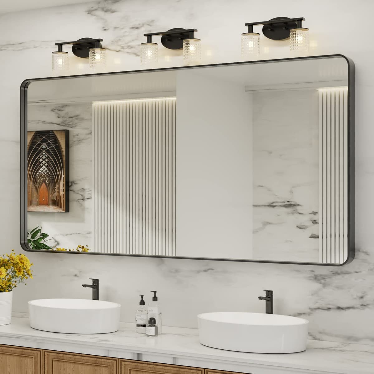 LOAAO 48”X36” Gold Bathroom Mirror, Rounded Rectangle Gold Frame Mirror, Brushed Gold Bathroom Vanity Mirror Wall-Mounted, Anti-Rust, Tempered Glass, Hangs Horizontally or Vertically — view 15