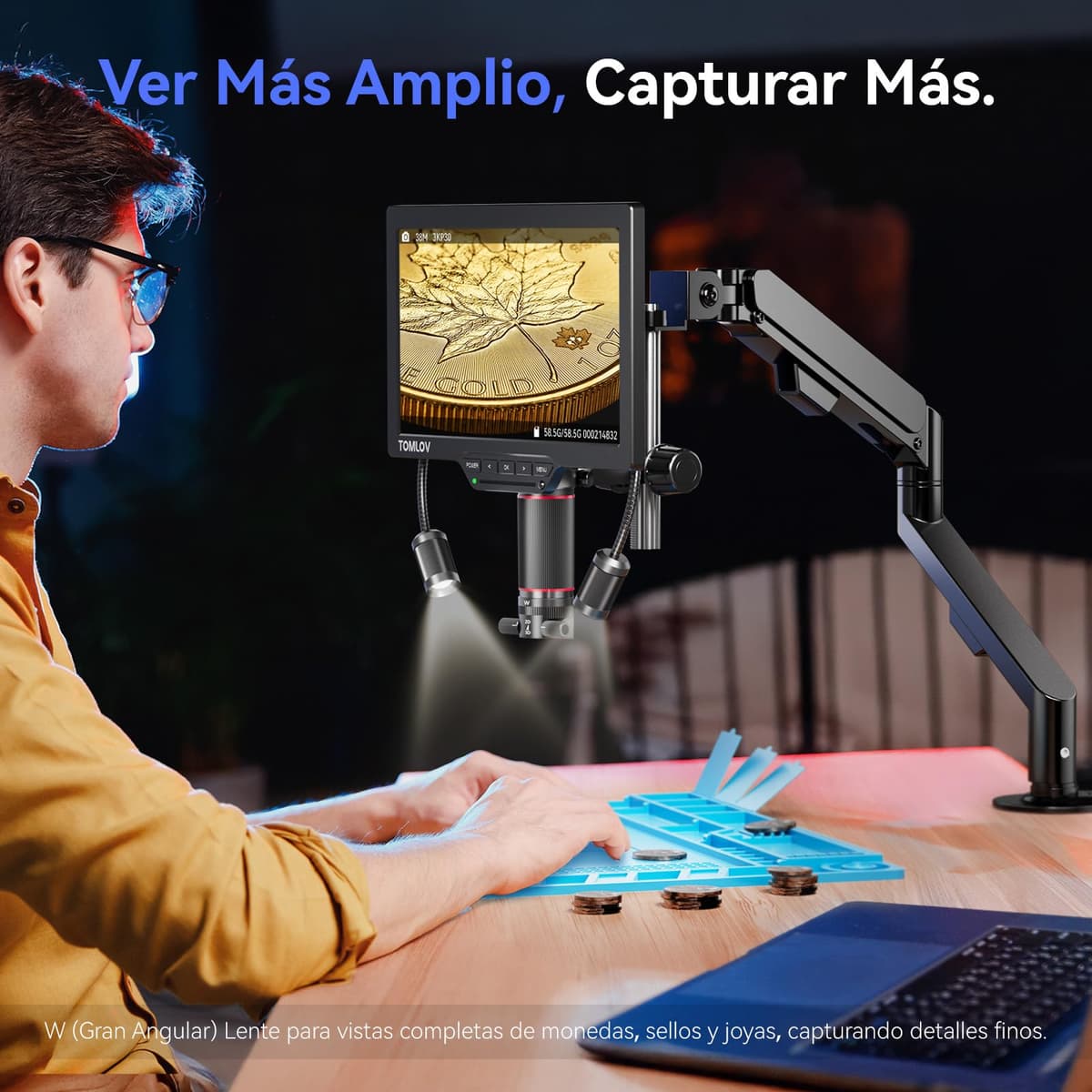 TOMLOV TM3K-3D IPS Digital Microscope with Dual Magnetic Lenses, 3D HDMI Soldering Microscope for Adults, Magnifier 3K Coins with LED, Repair Pad, Flexible Arm, 64GB — view 4