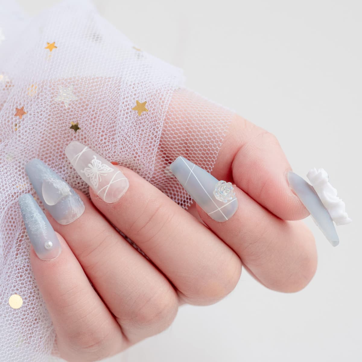 Sun&Beam Nails Handmade Press On Nail Long Coffin Ballerina Pink Flower Acrylic Fake Tip 3D Design Art Charms Cute with Storage Box 10 Pcs (S) — view 346