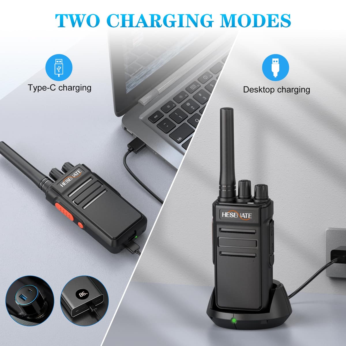 HESENATE Walkie Talkies for Adults, HT66 Long Range PMR446 Handheld 2 Way Radio with Rechargeable USB-C Charger, 16 Channels, 1200mAh Battery (4 Pack, Black) Ideal for Family, Camping, Hiking, Work — view 5