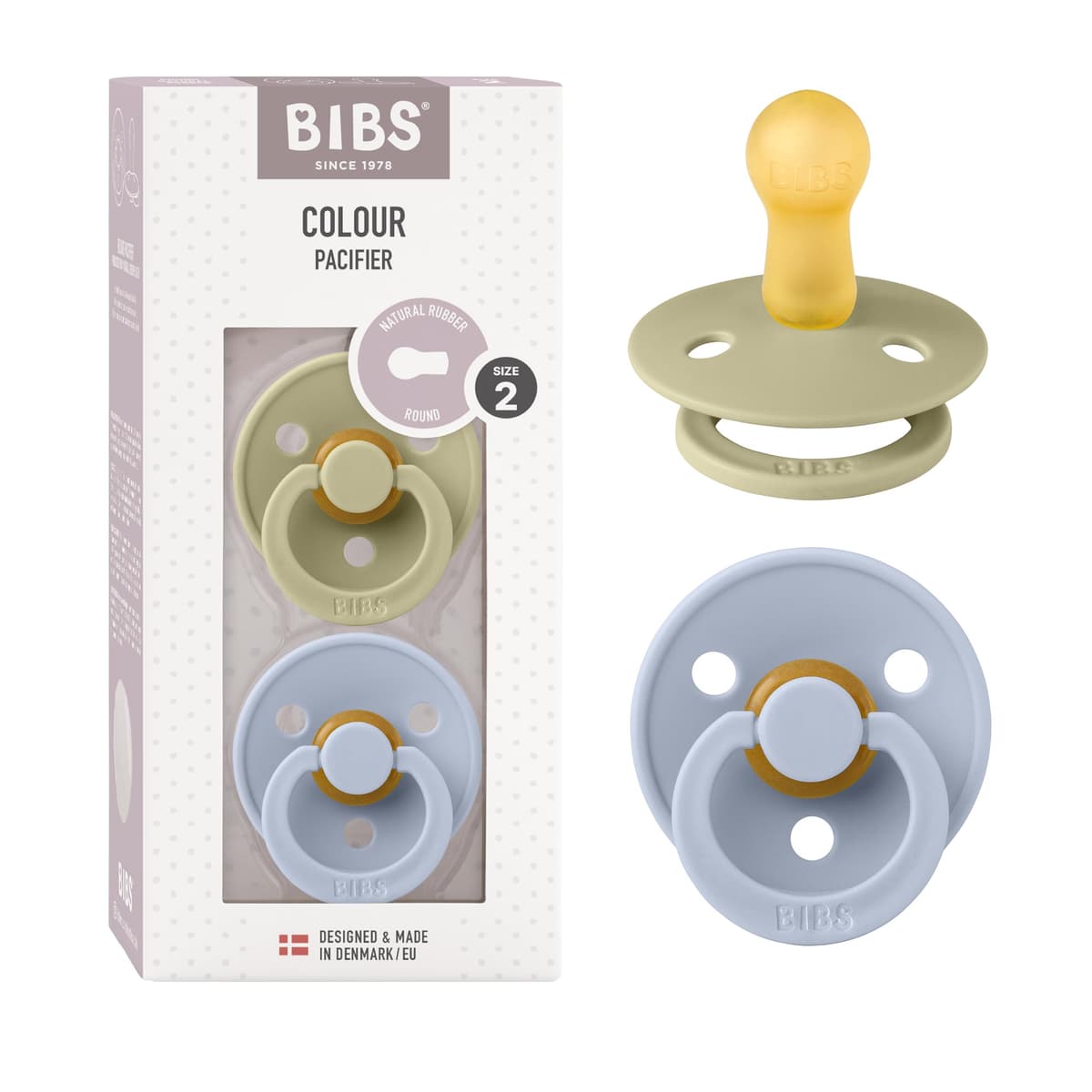 BIBS Colour Soother 2-Pack, BPA Free Dummy Pacifier, Round Nipple. Natural Rubber Latex, Size 2 (6-18 Months), Sky Blue/Steel Blue — view 47