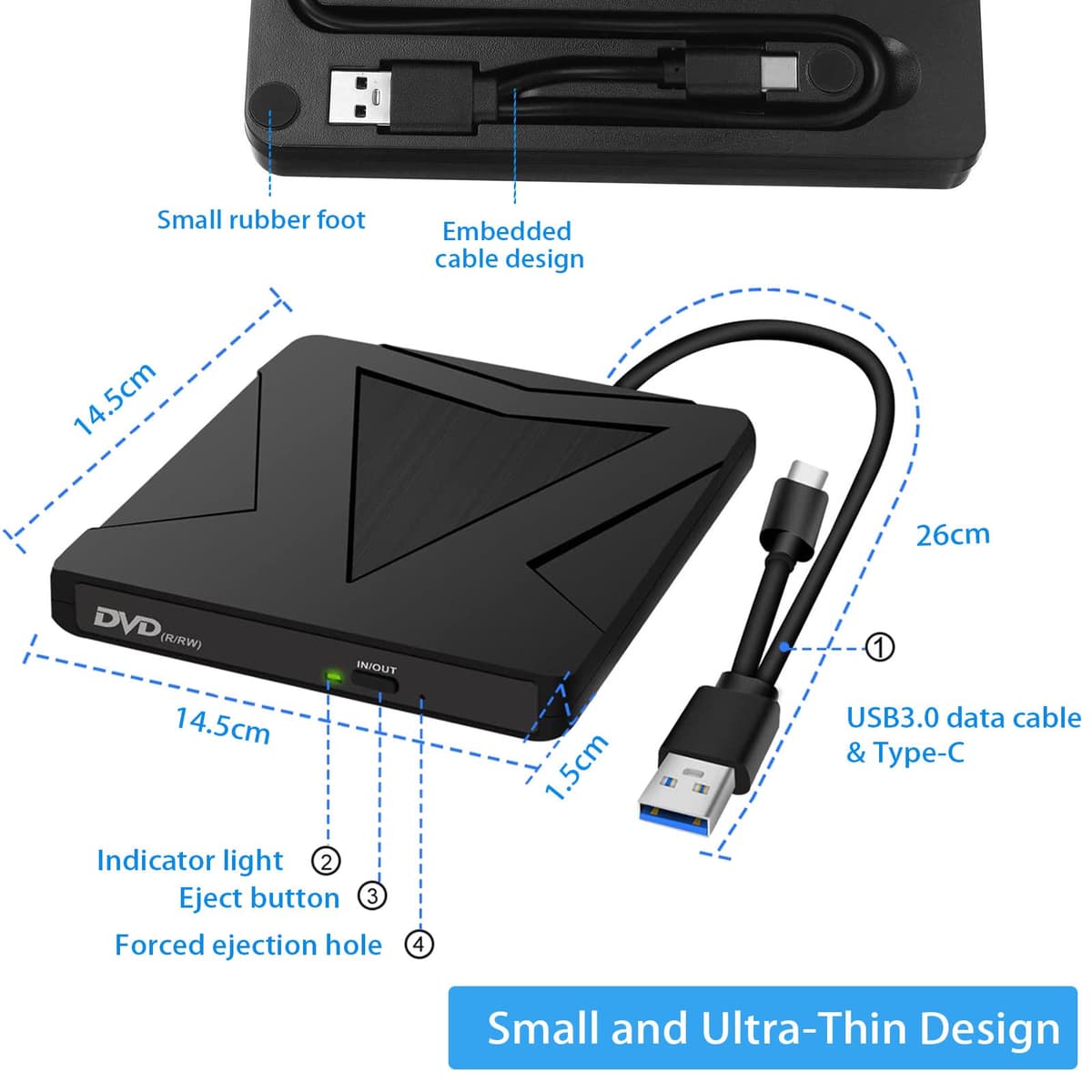 RUIZHI Unidades DVD/CD Externa, USB 3.0 y Type C portátil CD DVD +/- RW Grabadora de Reproductor Externo para PC Laptop Desktop MacBook, Compatible con Windows/7/8/10/XP/Linux/MacOS — view 5