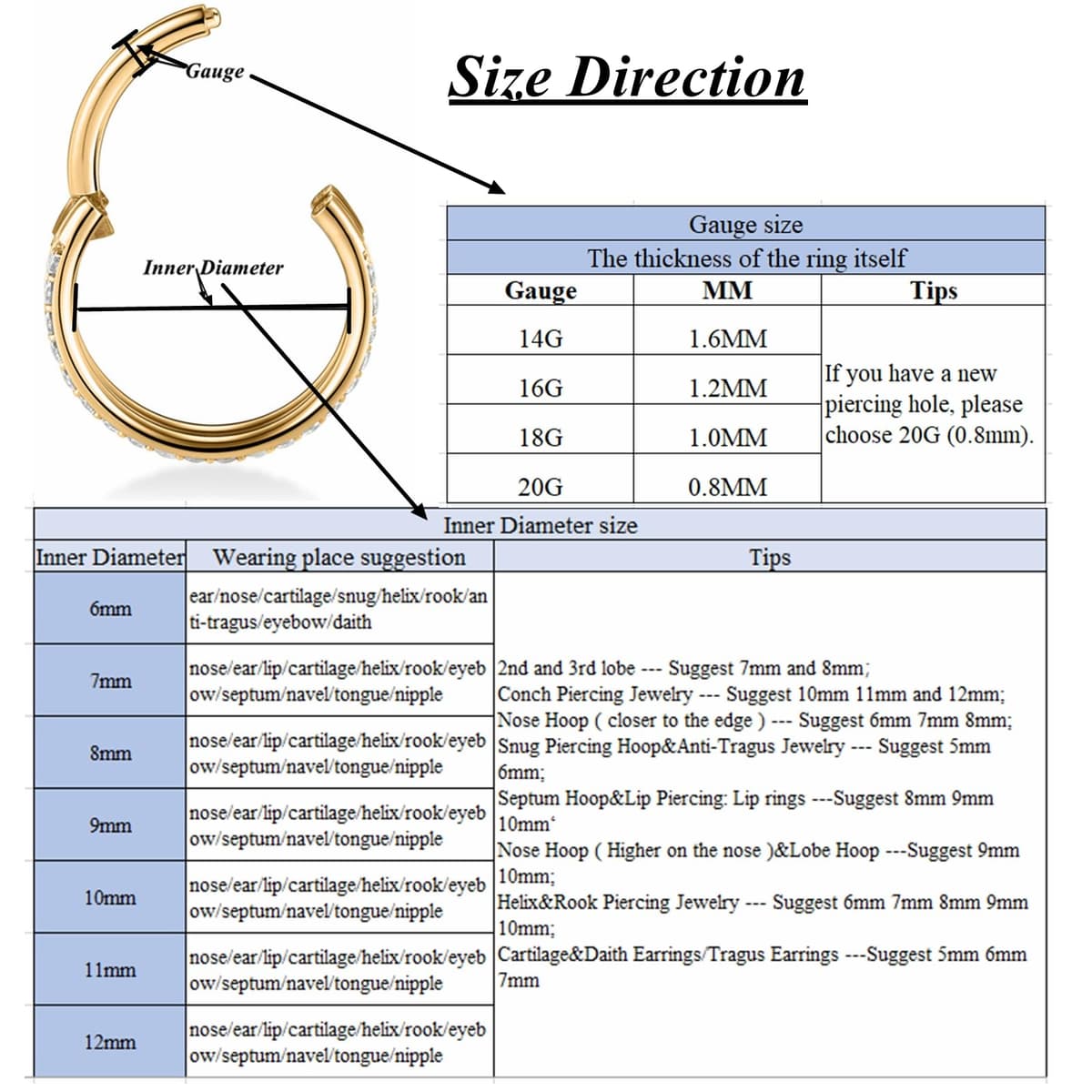 Yrogcu 20G 18G 16G 14G Single/Double Hoop Stainless-Steel Seamless-Hinged-Piercing Segment-Clicker Nose-Ring-Hoop : Diameter 6mm 8mm 10mm 12mm Cartilage Earrings — view 2