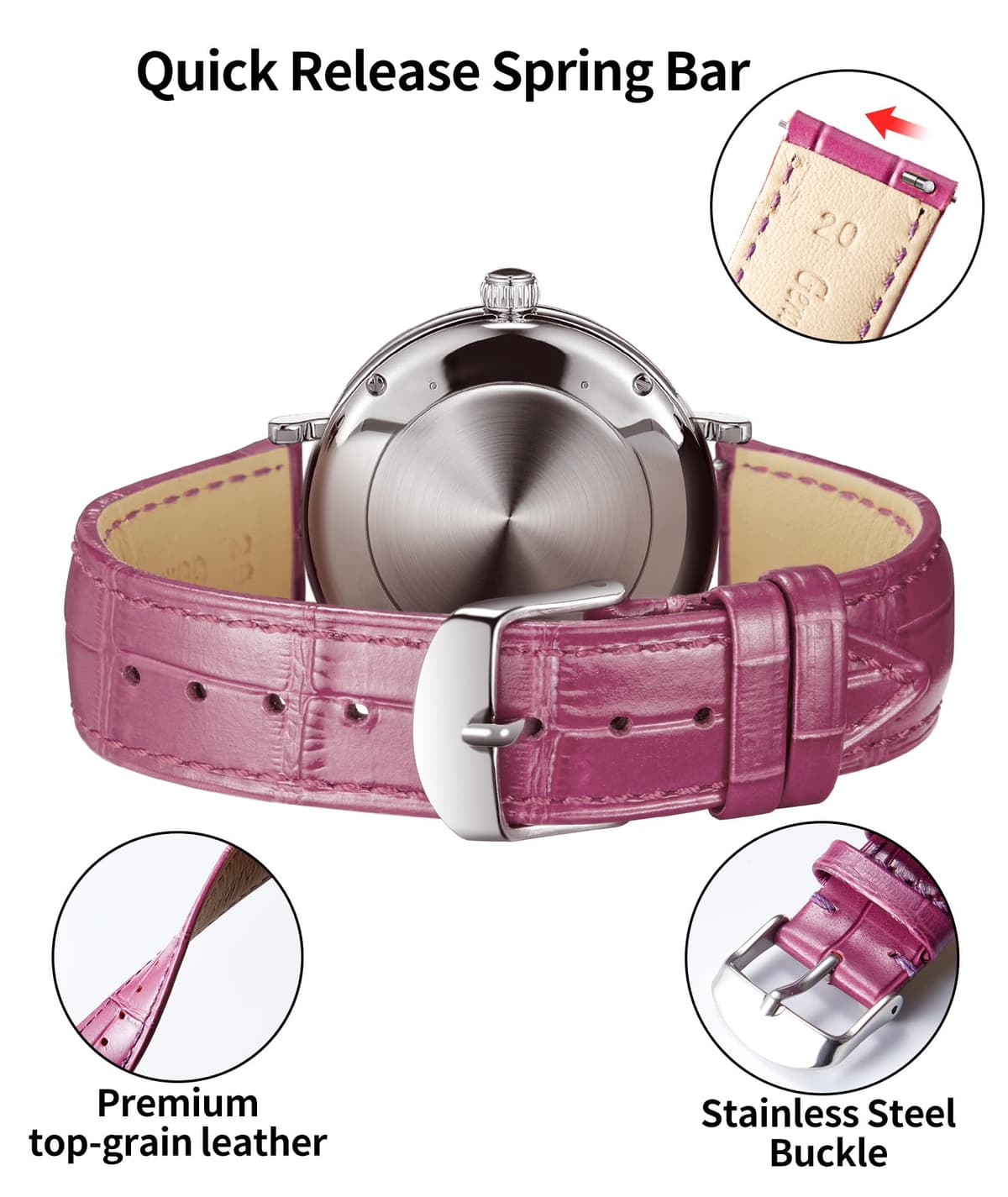 BINLUN Quick Release Leather Watch Straps Replacement Watch Bands Smart Watch Strap Crocodile Pattern in 10 Colors 13 Sizes with Silver/Gold/Rose-Gold Buckle for Men Women(10mm-24mm) — view 83