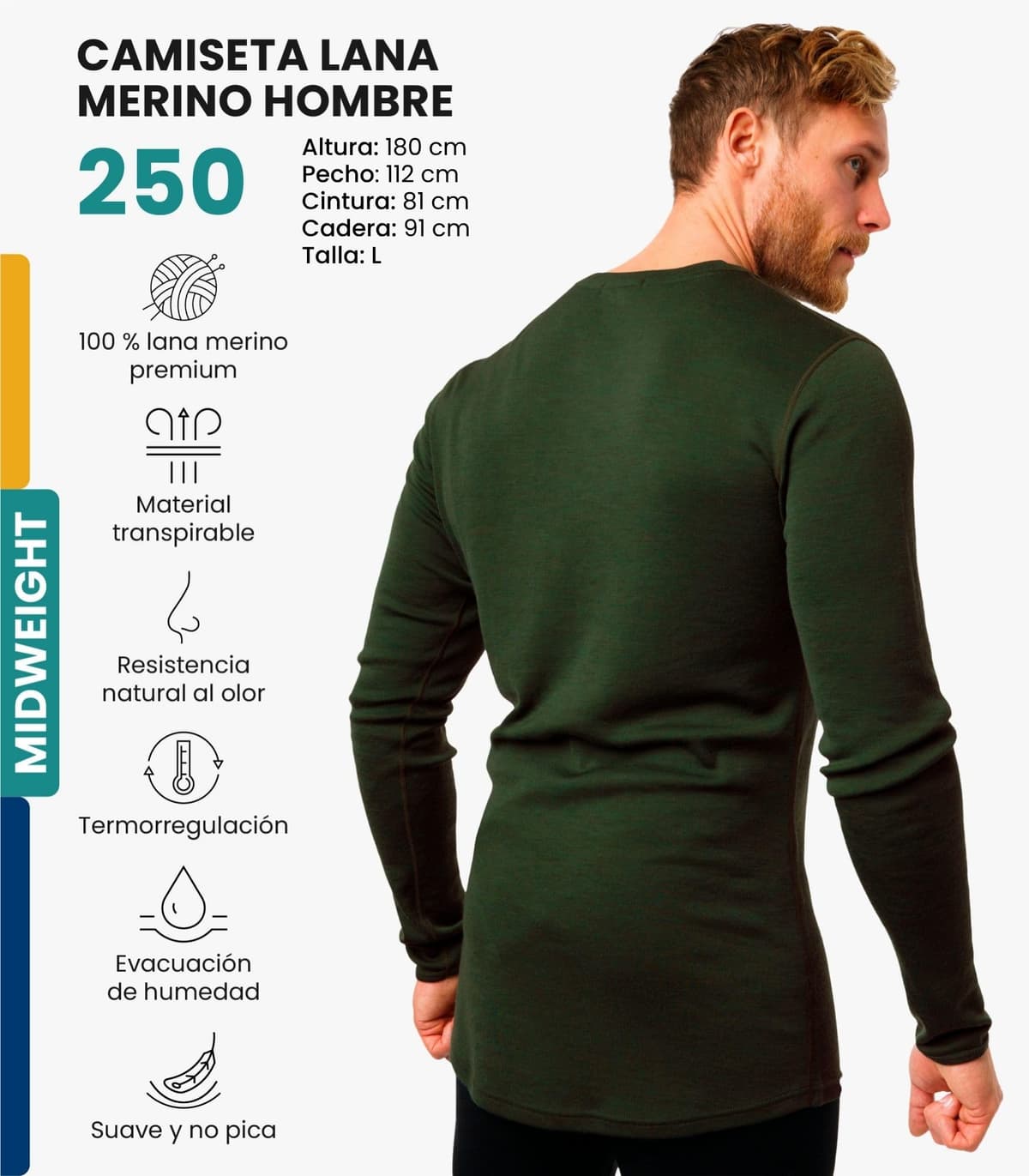 Merino.tech Camiseta Lana Merino Hombre - Deportiva Ropa Térmica 100% Lana Merino Ligero, Medio, Pesado con Calcetines — view 3