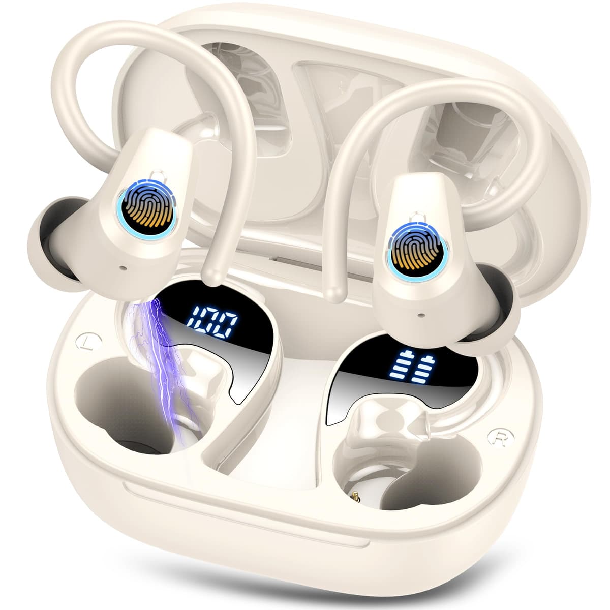 Wireless Earbuds, Bluetooth 5.3 Headphones with 4 ENC Noise Canceling Mic, 50H Stereo Dual LED Display Ear Buds, Sport Bluetooth Earphones with Earhooks, IP7 Waterproof Wireless Headphones for Running — view 10