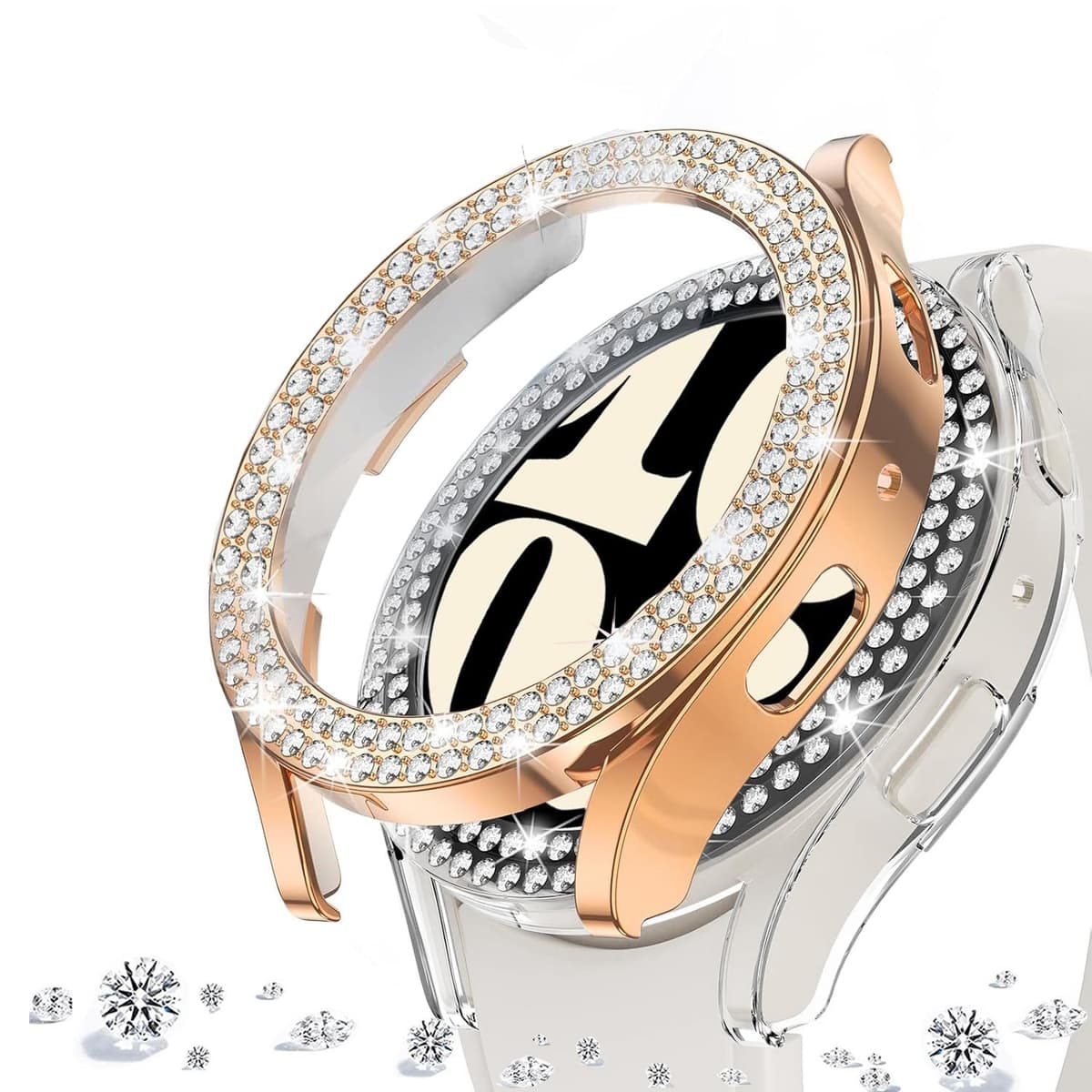 DEALELE [2-PACK] Case Compatible with Samsung Galaxy Watch FE / 5/4 40mm, Bling Double-row Diamond PC Protective Case Protector Cover, 40mm, Rose gold + Transparent — view 10