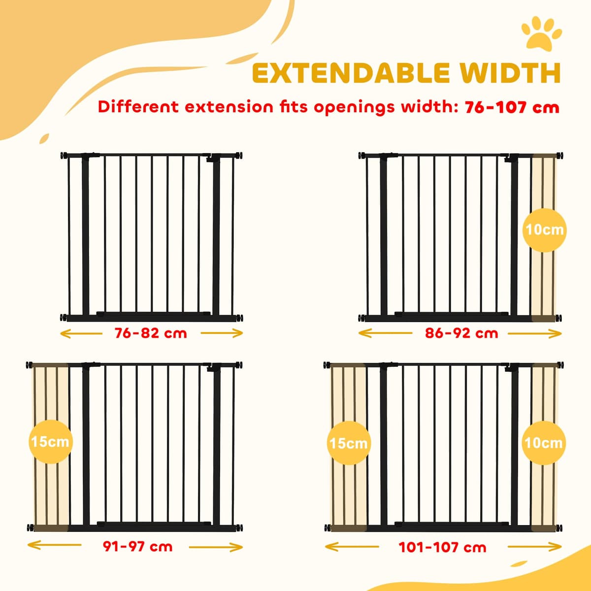 PawHut Barrera de Seguridad Extensible para Puertas y Escaleras para Perros y Bebé, Barrera para Mascotas, Ajuste a Presión, Apertura con Una Sola Mano, 2 Extensiones 15/10 cm, 76-107x76 cm, Negro — view 5