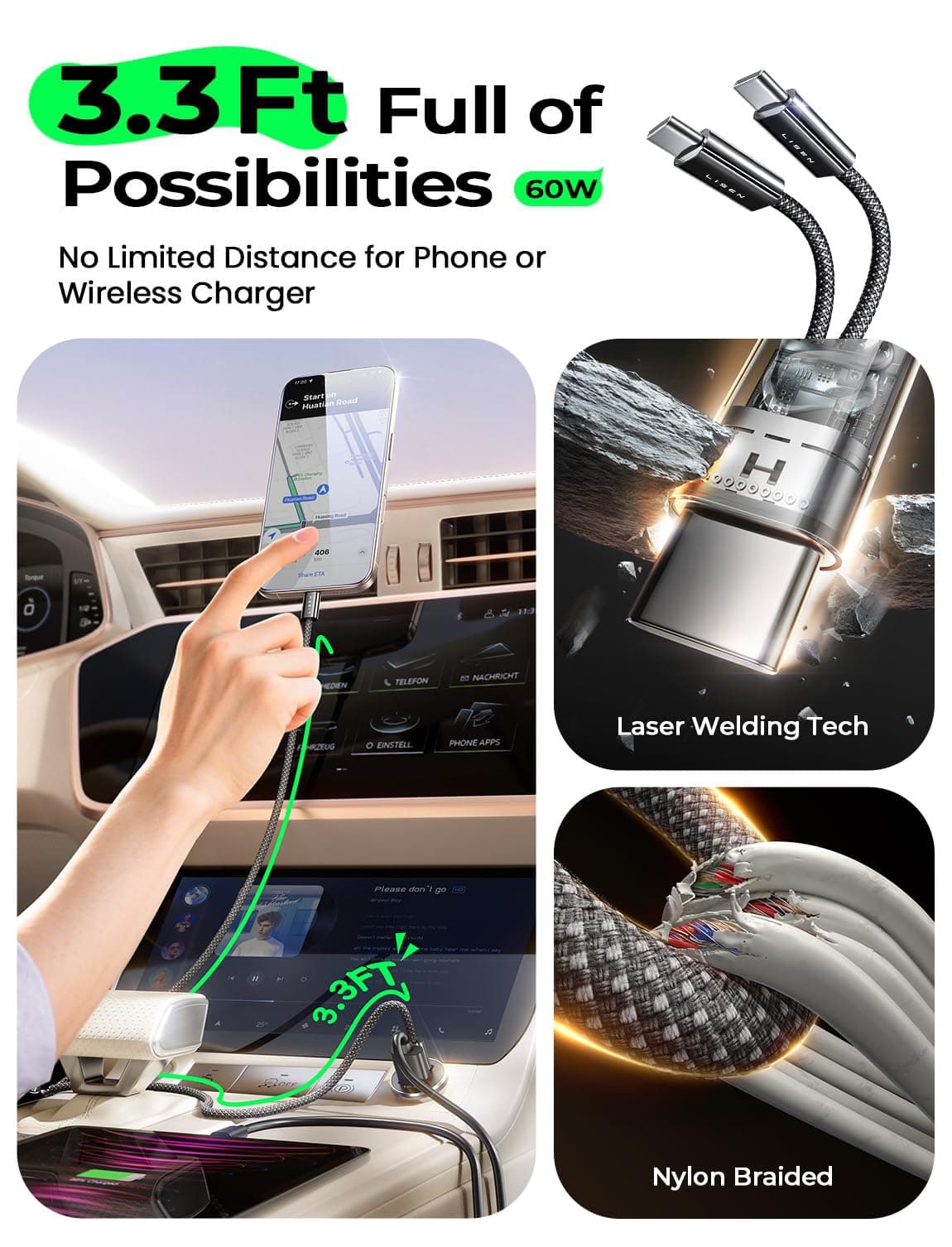 LISEN Car Phone Charger USB C 54W 12V USB Socket [USBC 36W+QC18W] With 60W USB C Cable Car Charger Fast Charge Cigarette Lighter USB Charger Car Accessories for Men for iPhone 17 Pro Max Samsung S25 — view 5