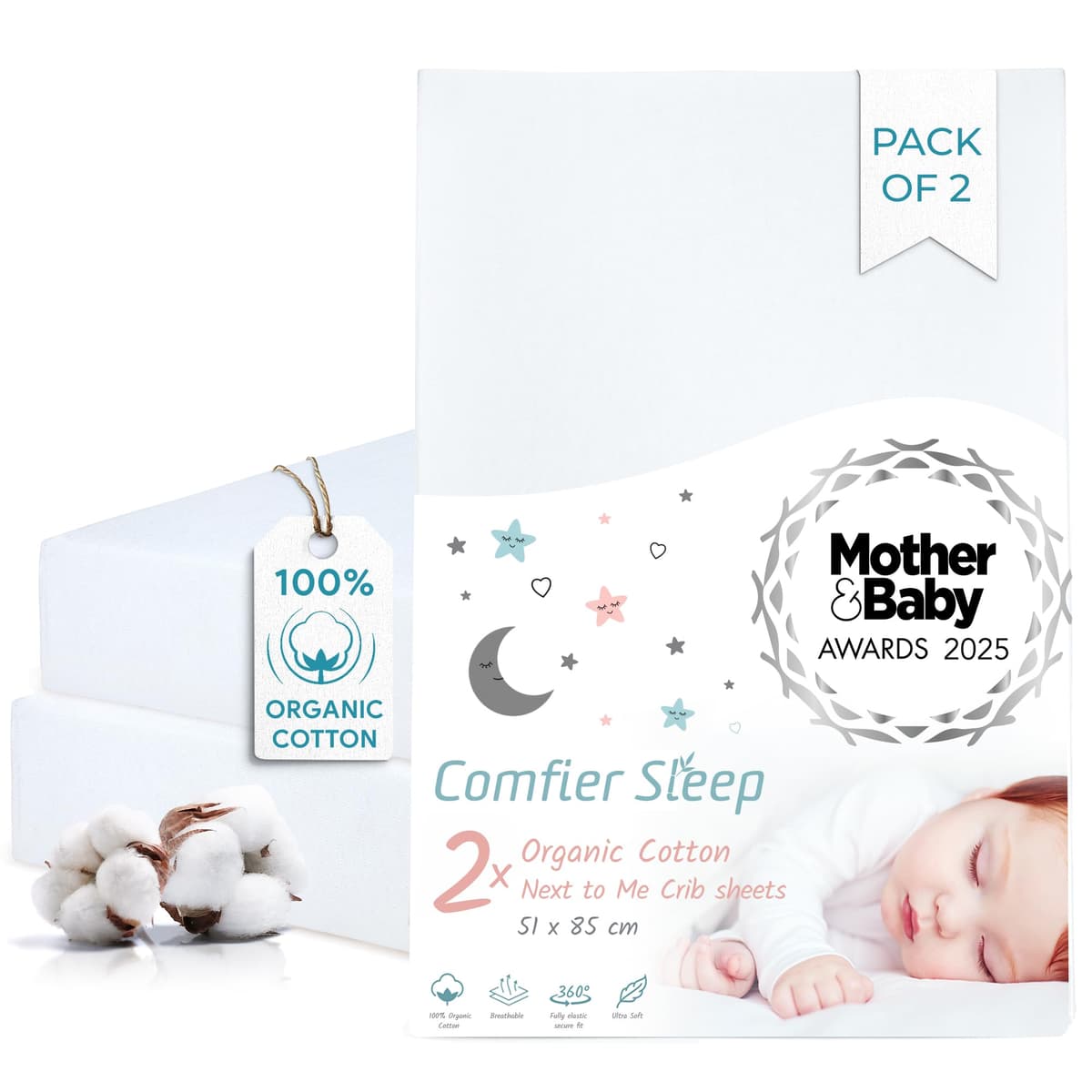 Next To Me Crib Sheets 51x85cm – Award-Winning 2 Pack Organic Cotton White Bedside Crib Fitted Sheets – Soft Breathable Tutti Bambini CoZee Fitted Sheets for Daily Use