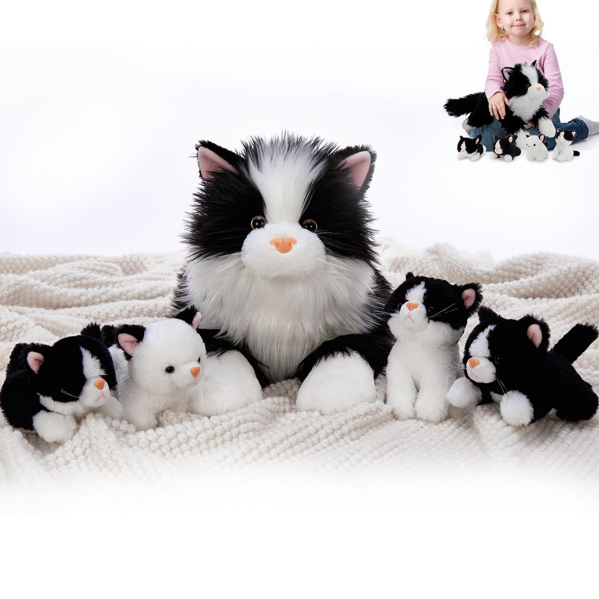 MorisMos Cat Teddy with Kitten Babies inside, Lifelike Cuddly Kitty Stuffed Animal Plush Soft Toys, Kawaii Presents for Kids Girls Boys Birthday Party Decoration (White and Black 50cm) — view 5
