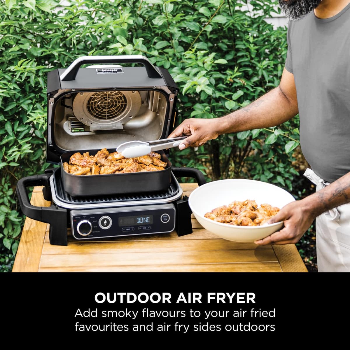 Ninja Woodfire Electric BBQ Grill & Smoker, 7-in-1 Outdoor Grill & Air Fryer, Roast, Bake, Dehydrate, Uses Woodfire Pellets, Weather Resistant, Non-Stick, Portable, Electric, Grey/Black, OG701UK — view 5
