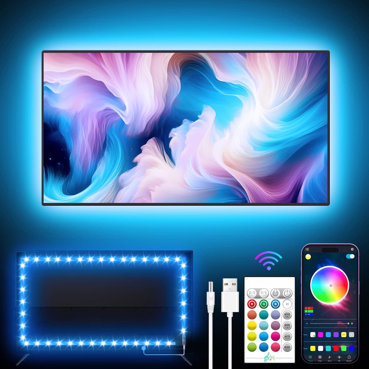 GIPOYENT TV Light Strip, 5M TV Backlight, for 45-75 Inch TV, Music Sync LED TV Light with Bluetooth Function - RGB Color Changing Light Strip for Home Theater (16.4ft) — view 7