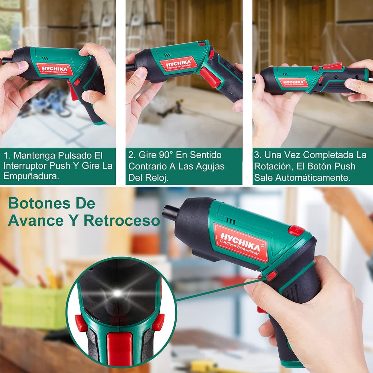 HYCHIKA Destornillador Eléctrico 6N.m, Atornillador Eléctrico Inalámbrico 3.6v Batería 2000mAh (Máximo Par 6 N.m) LED Luz, Mandril Magnétic, Cable USB, 20 Accesorios — view 5