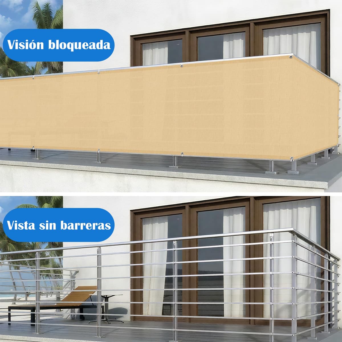 Cool Area Pantalla Privacidad para Balcón 90x300 cm Impermeable Malla de Ocultacion Protección Opaca para Jardín Exterior Terraza,Protección UV,Resistente al Viento,con Ataduras de Cables,Arena — view 4