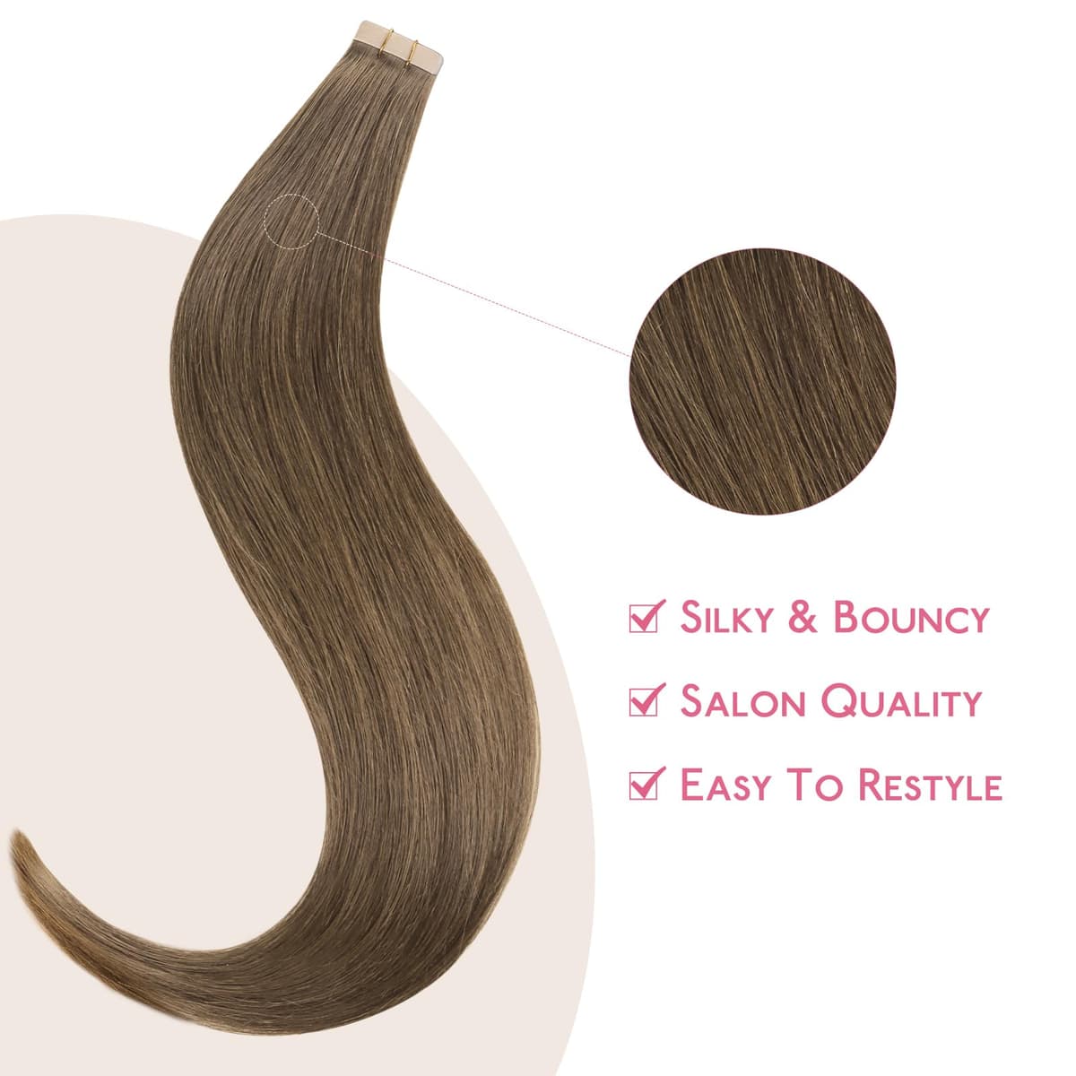 WENNALIFE Extensiones Adhesivas Pelo Natural, Marrón ceniza claro 45cm 25g 10 Piezas Extensiones de Remy Pelo Natural Cabello Humano Mechas Pelo Lacio Invisible para Niñas Mujeres Trenzas — view 4