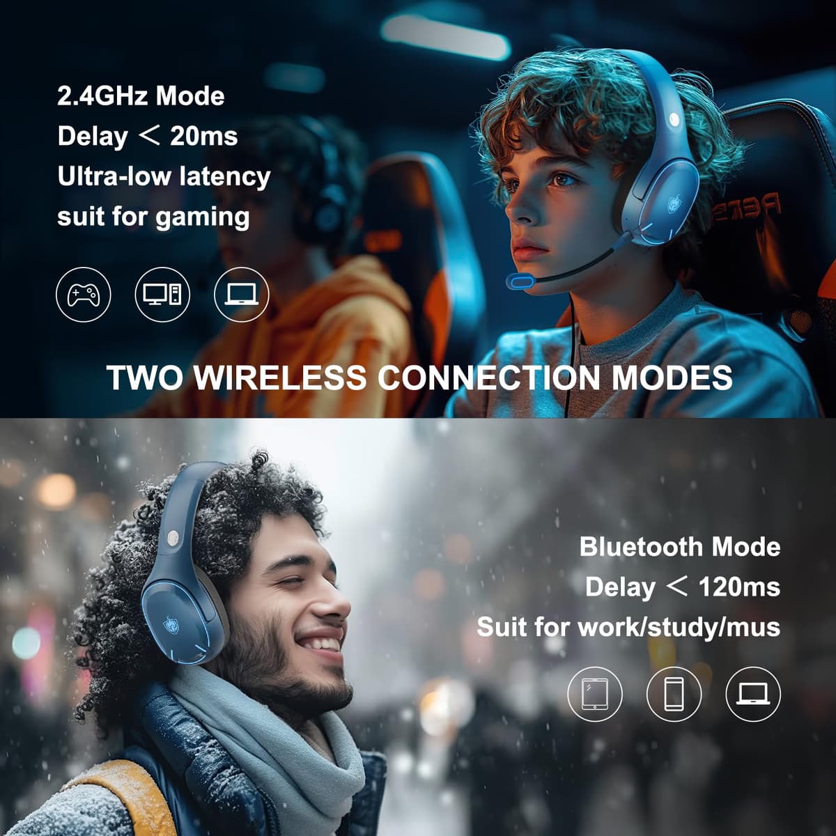 PHOINIKAS Cascos Gaming Inalámbricos para PC/PS5/PS4, Auriculares Gaming Inalámbricos de 2,4GHz USB Wireless+Bluetooth 5.3, Baja Latencia Calidad de Sonido 7.1 sin Pérdidas, 30+ Horas, Luz LED (Azul) — view 3