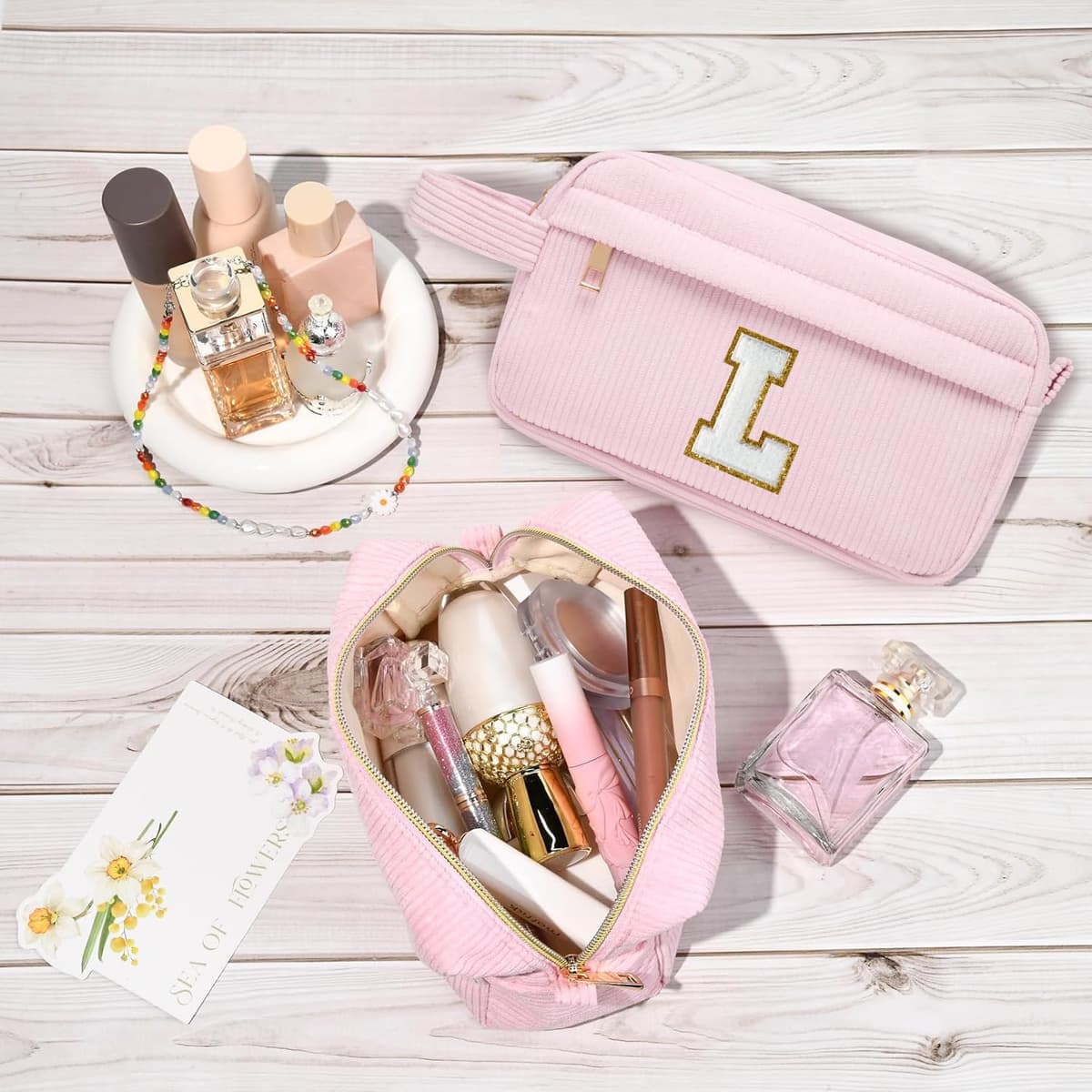 Neceser Maquillaje Mujer Personalizado Inicial, Bolsa de Cosméticos de Viaje, Gran Capacidad Neceser de Maquillaje de Pana, Regalo Cumpleaños Navidad para Mujeres Novias Mejores Amigas, Rosa P — view 4