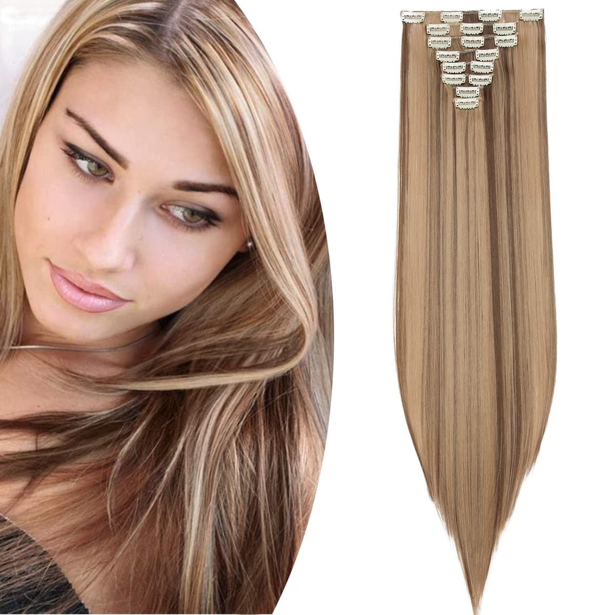 24"(60cm) SEGO Extensiones de Cabello Clip de Pelo Sintético Se Ve Natural 8 PCS [Sandy Rubio mezcla Blanqueador Rubio] Rizado Ondulado Largo Postizos Pelucas (140g) — view 9