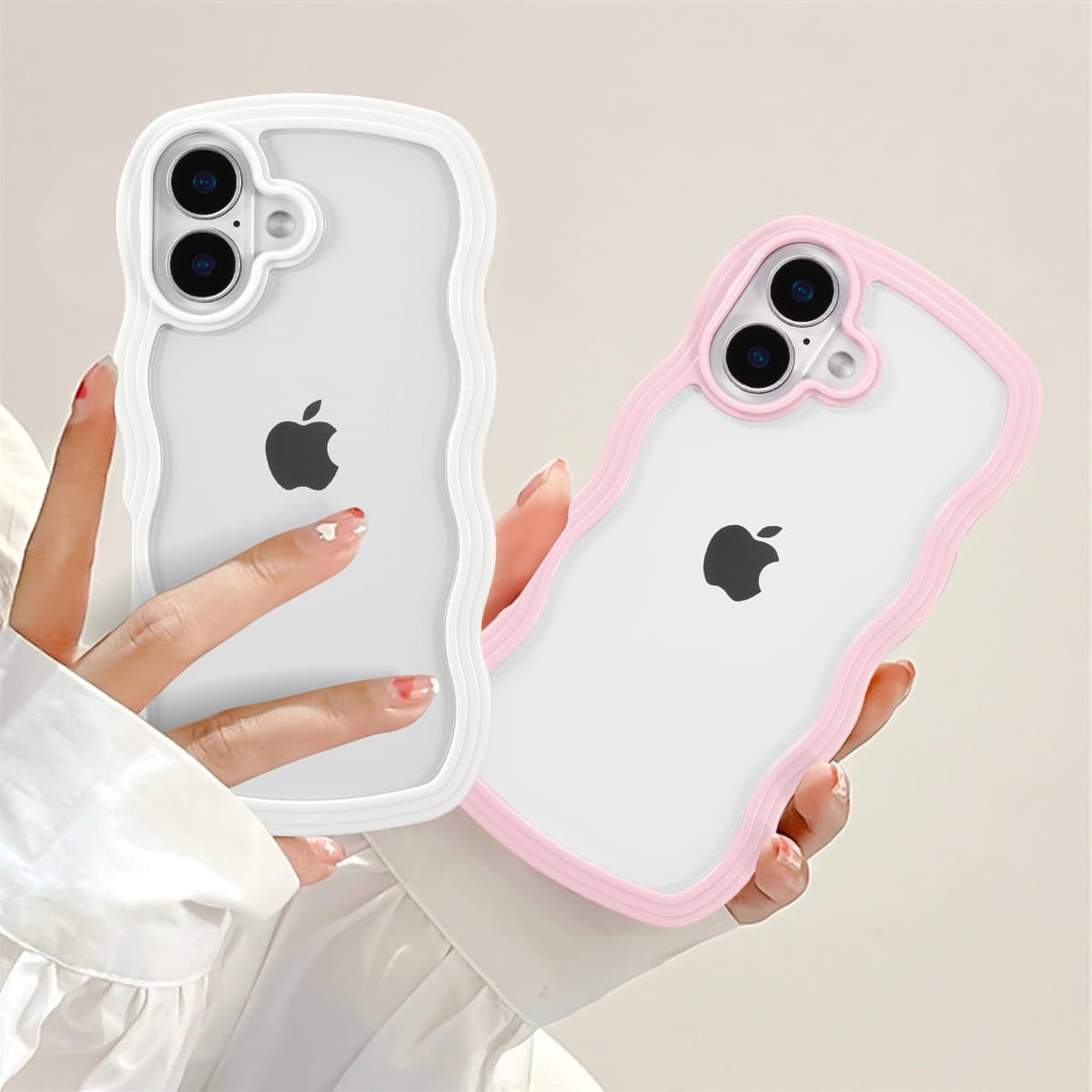 QLTYPRI Compatible with iPhone 16 Case, Cute Curly Wave Frame Clear Case for Girls Women, Transparent Soft Silicone TPU Bumper Shockproof Protective Cover for iPhone 16 - Pink — view 2