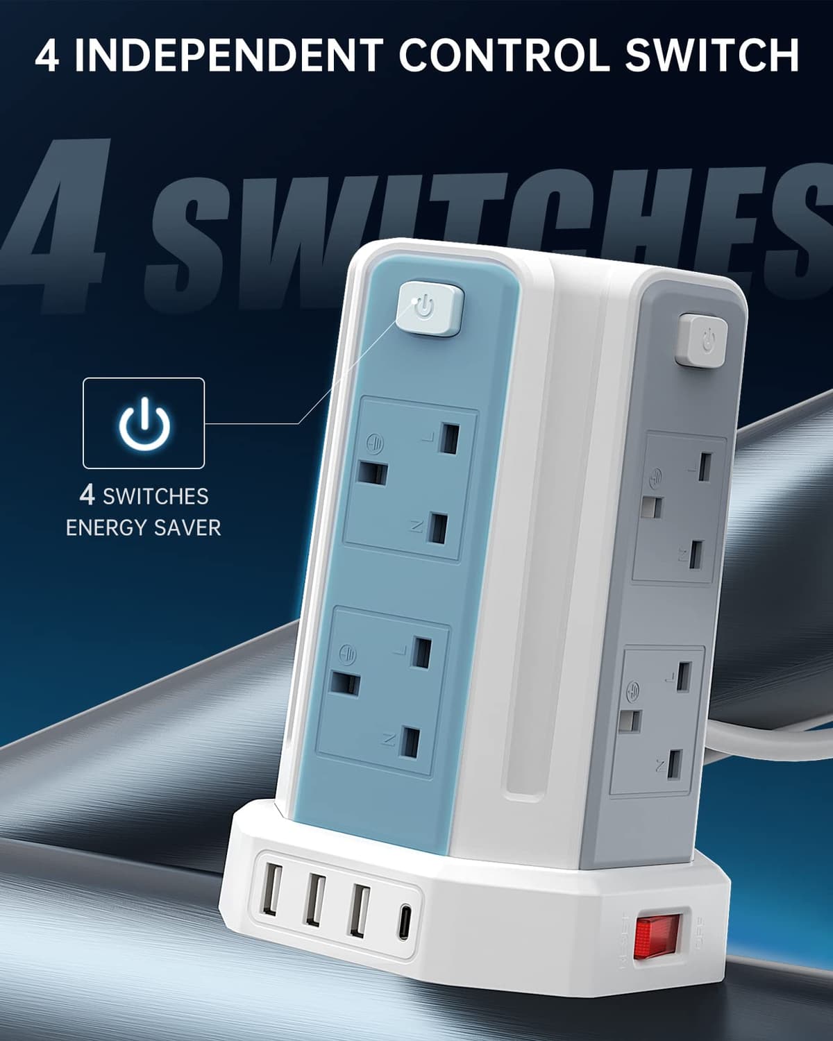 Tower Extension Lead 3M (3250W 13A) Extension Tower 8 AC Outlets & 4 USB Ports, Surge Protection Extension Lead with 4 Independent Switch, 17W USB C Ports Extension Cable 3M for Office, Home, Kitchen — view 4