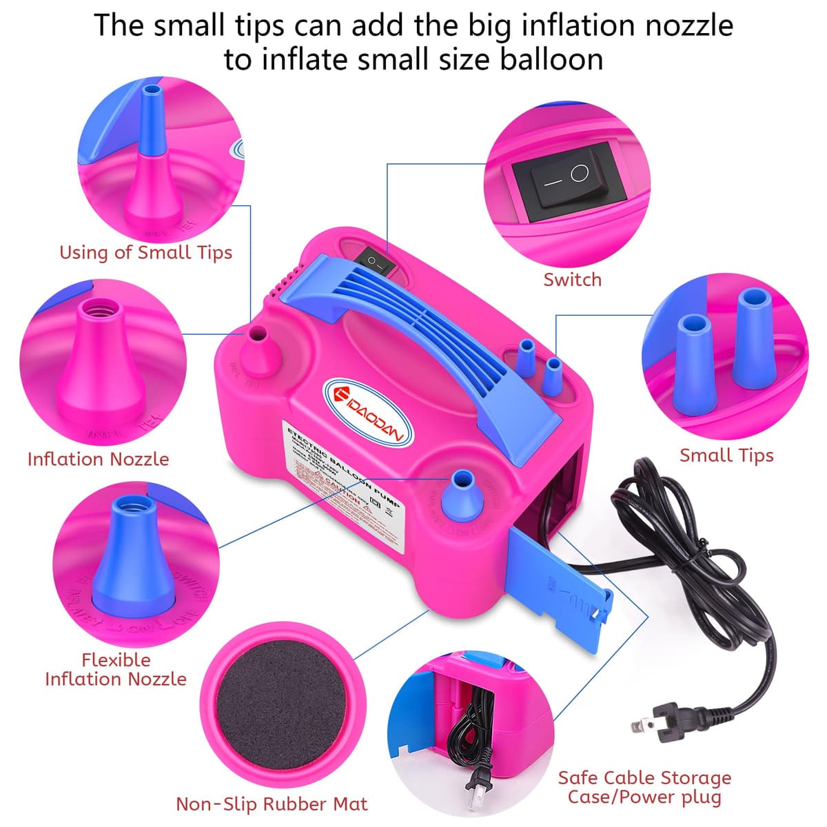 IDAODAN Electric Balloon Pump, Portable Electric Balloon Blower Machine Balloon Air Pump Dual Nozzle Rose Red 110V 600W Balloon Inflator for Party Decorations — view 4