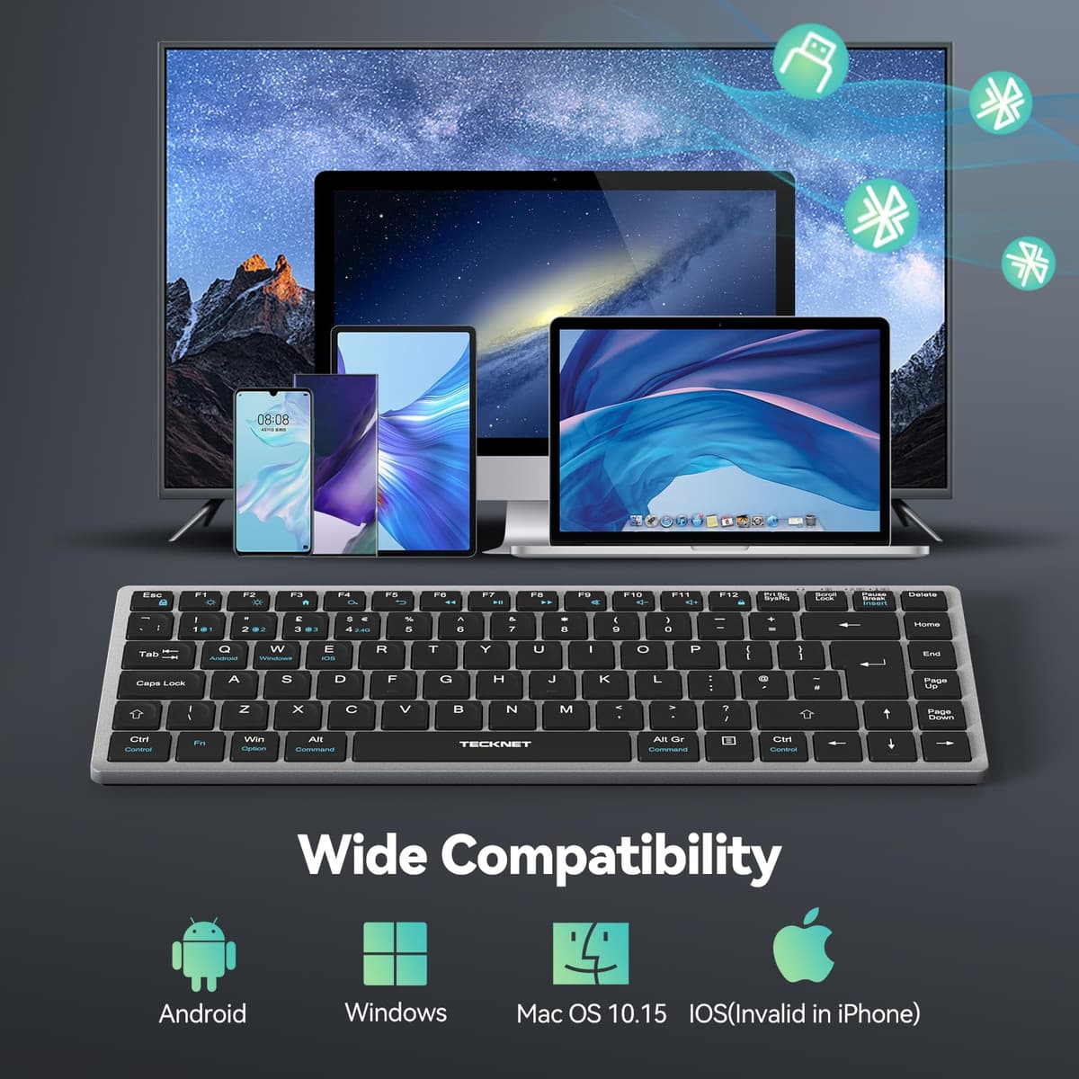 TECKNET 2.4G Wireless Keyboard, Rechargeable Bluetooth Keyboard for 4 Multi Devices, QWERTY UK Layout Compact Mini keypad, Small Silent Keys for Laptop, Phone, Smart TV, Computer, Tablet - Silver — view 7
