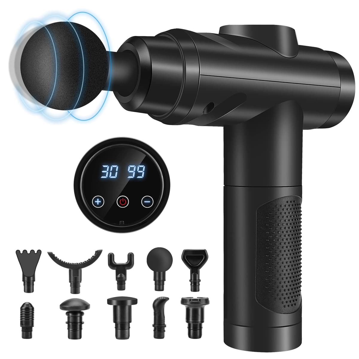 Pistola de Masaje Muscular, Masajeador Profesional con 30 Velocidades para Masaje Profundo, Pantalla Táctil LCD y 10 Cabezales para Espalda, Hombros, Piernas, Regalo para Hombre y Mujer (Negro)