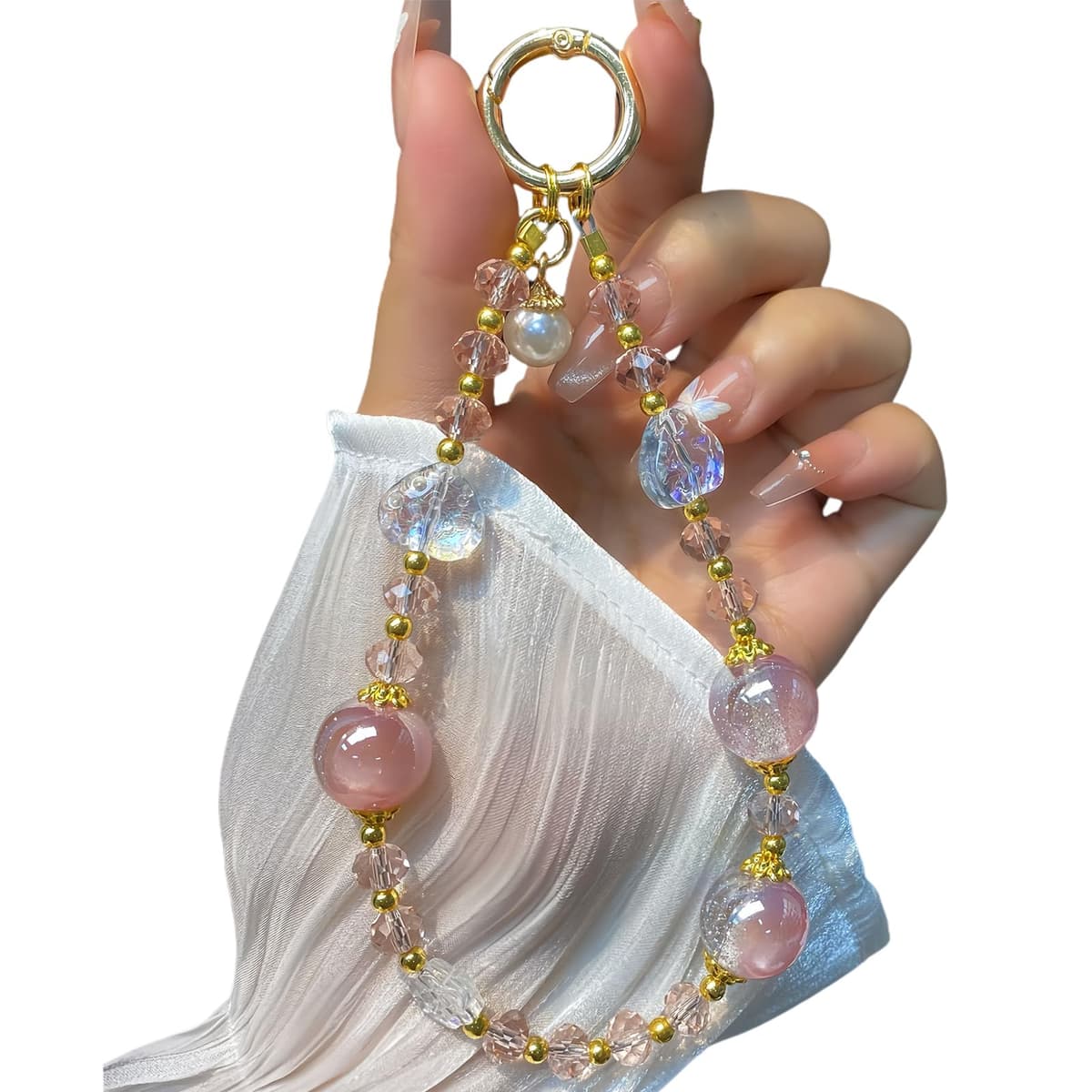 LIFCIUSO Phone Charm with Crystal/Handpainted Bead, Kawaii Hands-Free Wrist Strap for Women Girl, Cute Heart Fluffy Leopard Print Shell Bead, Luxury Bling Diamond Glitter Beaded, Phone Lanyard — view 10