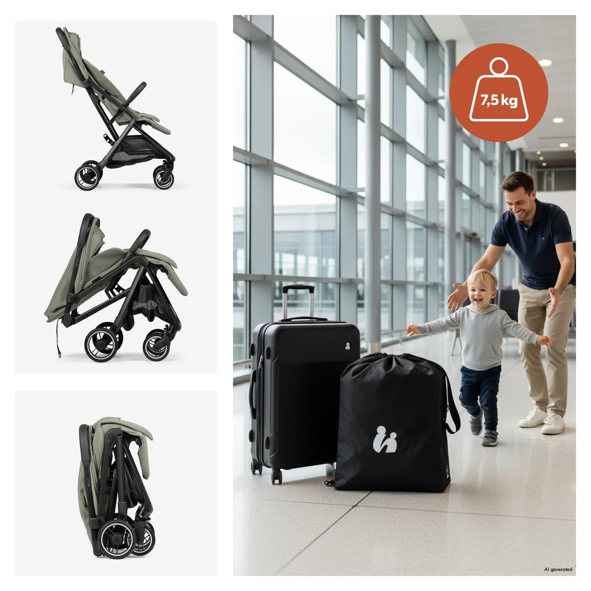 Hauck Fly N Care, Sage Green - Ultra Compact & Light Travel Pushchair (7.5kg) with One Hand Fold, Carry Strap & Bag, Seat Liner, Car Seat Adapter, UPF 50+ Sun Canopy, Fully Reclining Birth to 22 kg — view 4