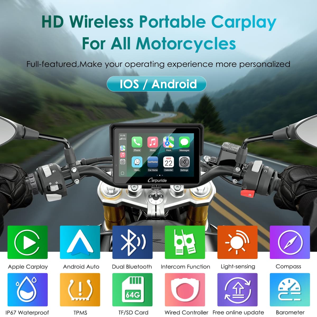 Carpuride W502S Pro - GPS inalámbrico para Motocicleta, Carplay/Android Auto, Pantalla táctil Impermeable de 5", con Soporte BM05, Bluetooth Trans, Mando a Distancia con Cable y navegación — view 2