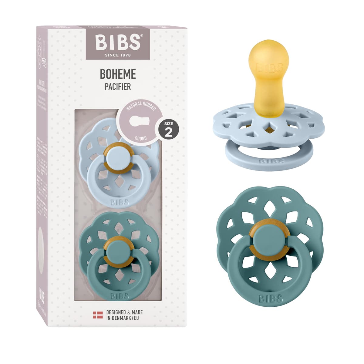 BIBS Boheme Soother 2-Pack. BPA Free. Round Nipple. Natural Rubber Latex, Made in Denmark. Size 2 (6-18 Months), Blossom/Dusky Lilac — view 38