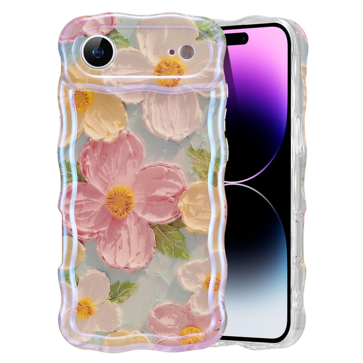 EYZUTAK Case for iPhone 16, Colorful Retro Oil Painting Printed Flower Laser Glossy Pattern Cute Curly Wave Edge Exquisite Phone Cover Stylish Durable TPU Protective Case for Girl Women-Green — view 60