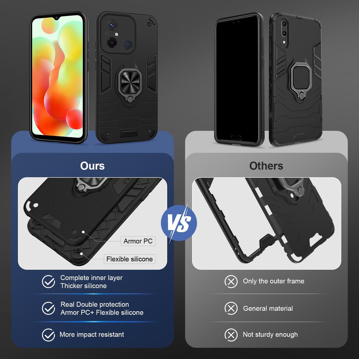 Funda para CMF Phone 2 Pro, Carcasa Antigolpes con Soporte anular metálico, Case Protectora de Grado Militar, Negro — view 512