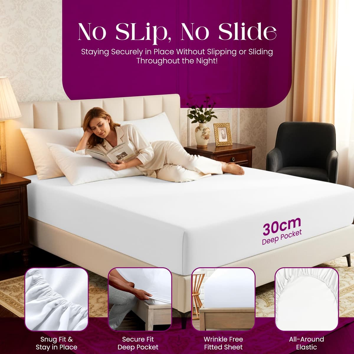 Linens World Egyptian Cotton Fitted Sheets King Size Breathable, Anti Wrinkle 30cm Deep Pocket 200 Thread Count Bed Sheets Bedding & Linen 152 X 200-CM White Bedding King Size Fitted Sheets — view 3