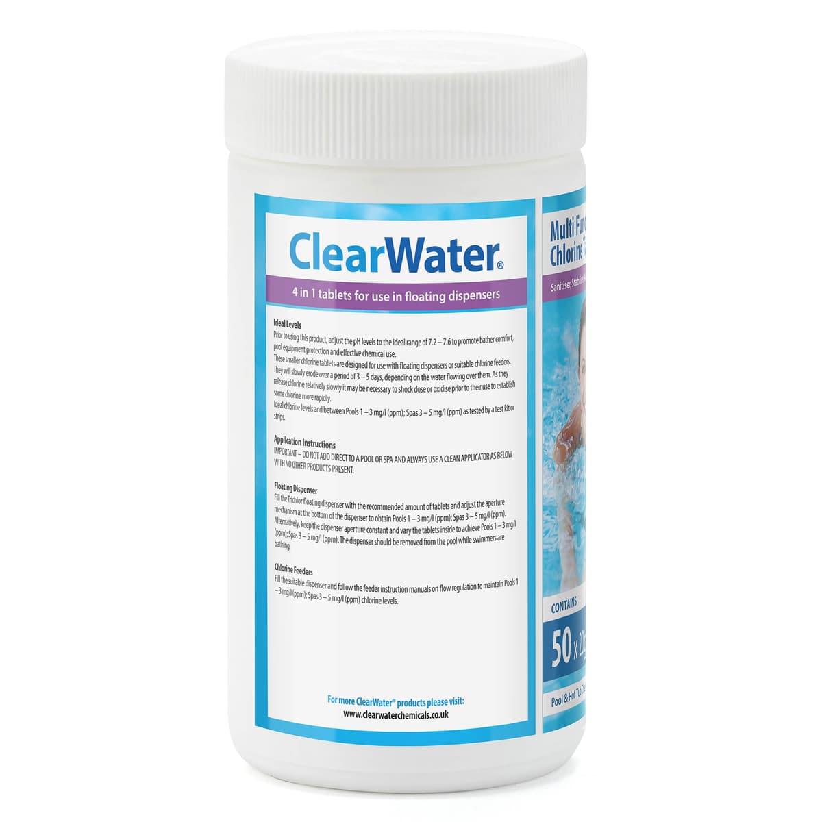 Clearwater 1 kg Multifunction Chlorine Tablets, 4-in-1 Dispenser Tablets (Sanitiser, Stabiliser, Algaecide and Clarifier) for Pools and Hot Tubs, 50 x 20 g, White — view 5