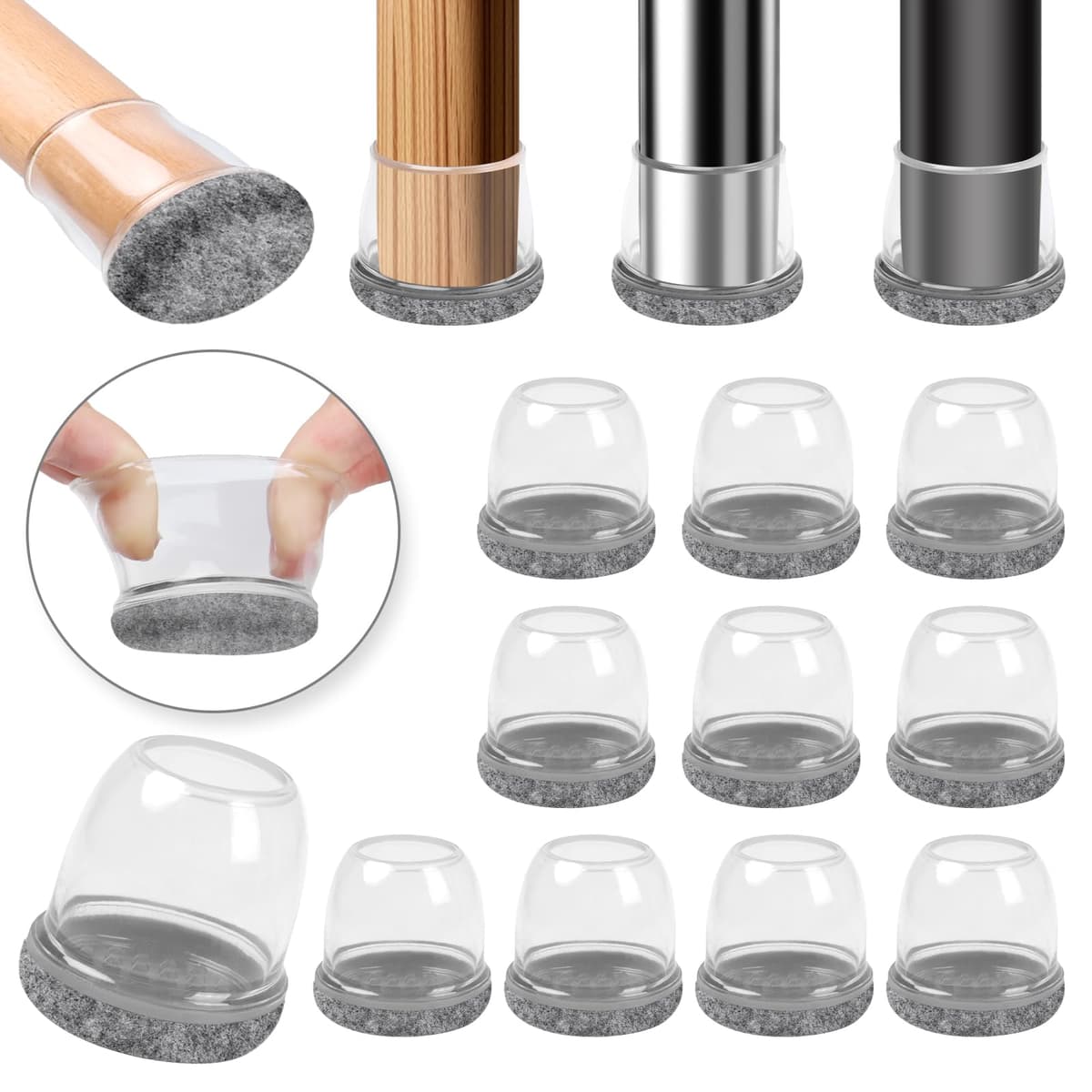 Ezprotekt Protectores de Suelo Transparentes para Patas de Silla 20-28mm, 16 Tapones de Silicona con Fieltro Envuelto, Fundas de Silicona Redondo — view 43
