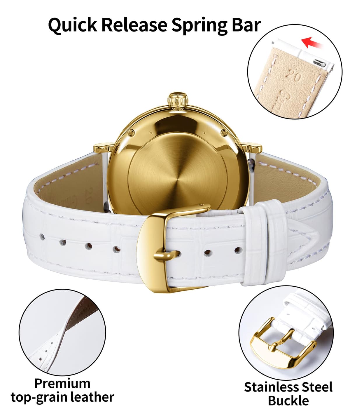 BINLUN Quick Release Leather Watch Straps Replacement Watch Bands Smart Watch Strap Crocodile Pattern in 10 Colors 13 Sizes with Silver/Gold/Rose-Gold Buckle for Men Women(10mm-24mm) — view 53