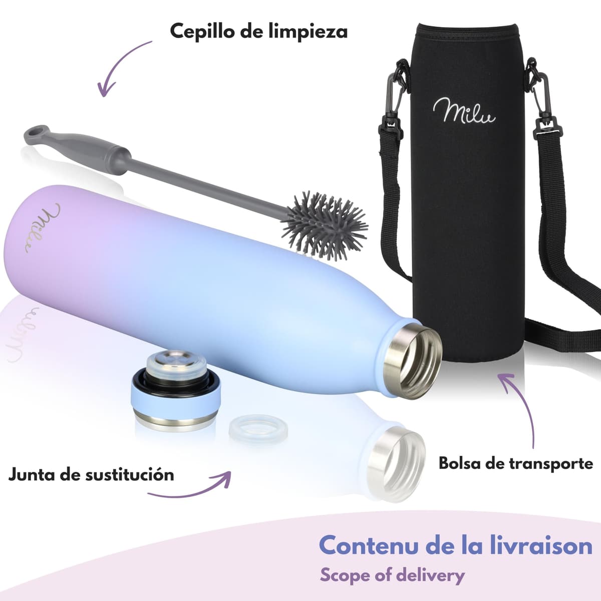 Milu Botella de acero inoxidable de 350ml 500ml 750 ml 1 L 1,5 L botella de agua aislada, termo a prueba de fugas, doble pared, apta para ácido carbónico + cepillo de limpieza (Azul Violeta, 350ml) — view 15
