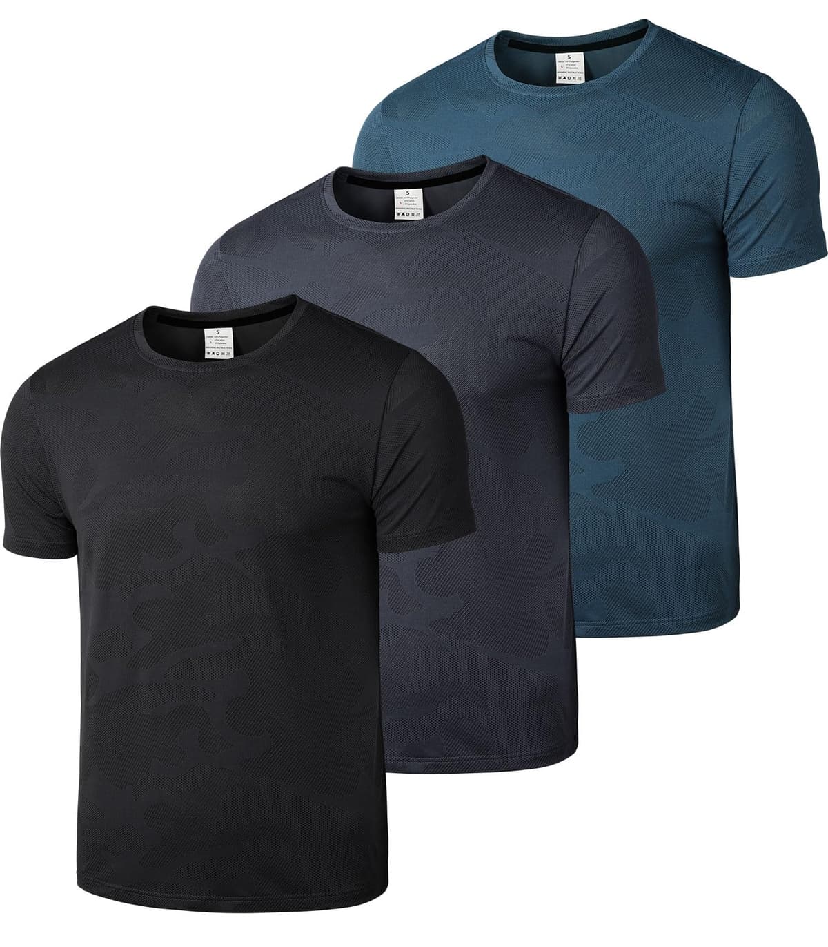 Superora Paquete de 3 camisetas deportivas para hombre, de secado rápido, para correr, entrenamiento, manga corta, malla transpirable con patrón de camuflaje jacquard
