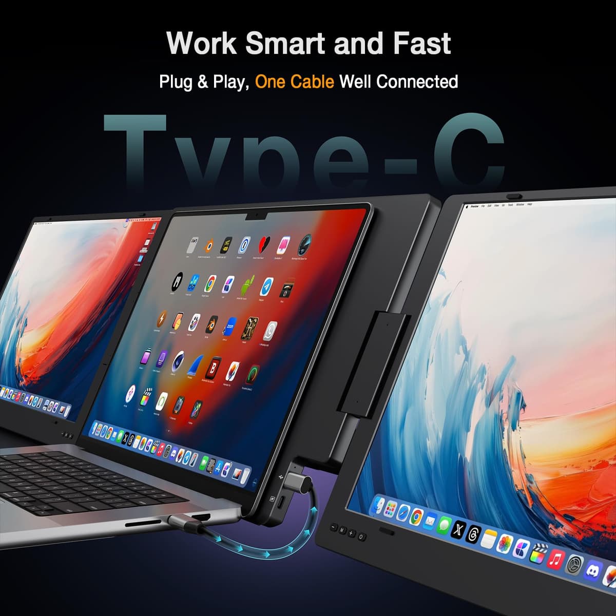 KYY 15.6" Laptop Screen Extender, 1080P FHD IPS Portable Monitor, One Cable USB-C Triple Monitor, Dual Travel Screen for 12"-17'' Laptops, 360° Rotation & Kickstand，X90D (Driver Need) — view 3